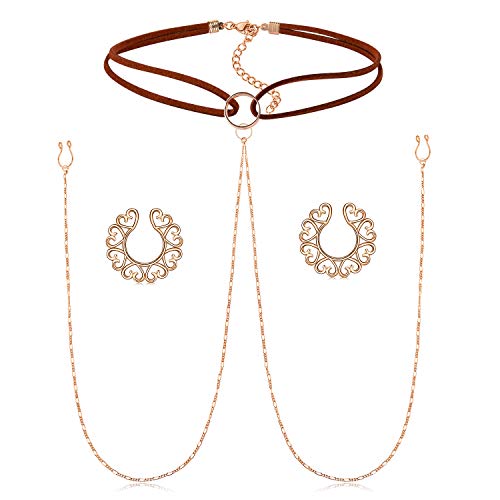 QWALIT Nipple Ring Stainless Steel Non Piercing Nipple Rings Nipplerings with Choker Chain Faux Body Piercing Jewelry for Women - style: A-choker with chain