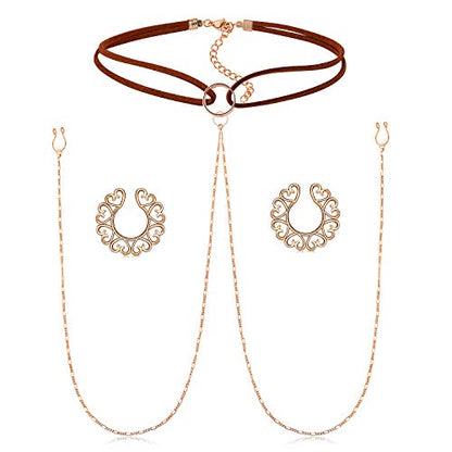 QWALIT Nipple Ring Stainless Steel Non Piercing Nipple Rings Nipplerings with Choker Chain Faux Body Piercing Jewelry for Women - style: A-choker with chain