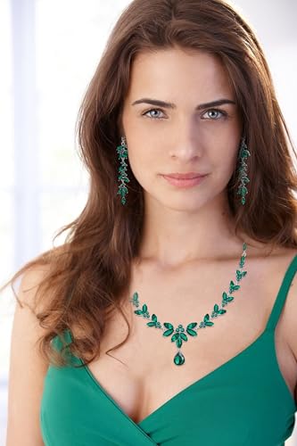 Paxuan Wedding Jewelry Sets for Bride Bridesmaid Bridal Jewelry Set for Women Wedding Crystal Necklace Earrings Bracelet Set for Party Prom Jewelry - color: Emerald Green - Silver