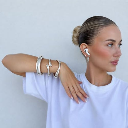 Chunky Gold Bangle Bracelets for Women Trendy 14K Gold Plated Cuff Bracelets Stack, Dainty Gold Bracelet Sets Non Tarnish Fashion Jewelry Gift - style: 3pcs-Silver