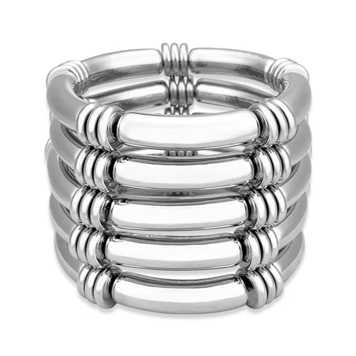 YBMYCM 5PCS Gold Chunky Bangles Bracelets for Women | 14k Gold Plated Stackable Layered Curved Bamboo Tube Stretch Bracelets Bangle Gift Jewelry - color: 5pcs Silver-8mm