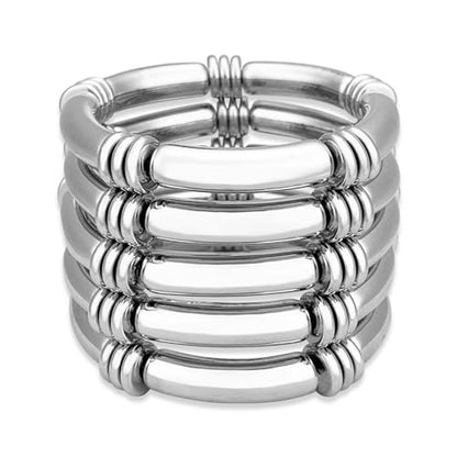 YBMYCM 5PCS Gold Chunky Bangles Bracelets for Women | 14k Gold Plated Stackable Layered Curved Bamboo Tube Stretch Bracelets Bangle Gift Jewelry - color: 5pcs Silver-8mm