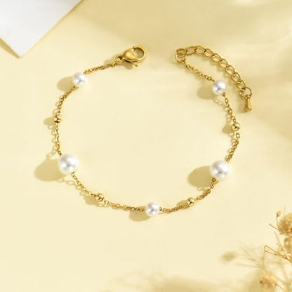 18K Gold Plated Pearl Beaded Cross Bracelets for Women Adjustable Stainless Steel Dainty Thin Gold Box Cuban Twisted Link Chain Bracelet Bridesmaid Jewelry Gifts - color: Multi Pearls Beads-Gold