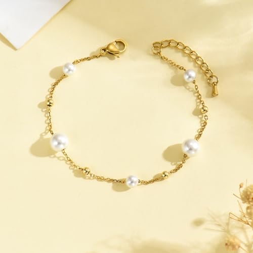 18K Gold Plated Pearl Beaded Cross Bracelets for Women Adjustable Stainless Steel Dainty Thin Gold Box Cuban Twisted Link Chain Bracelet Bridesmaid Jewelry Gifts - color: Multi Pearls Beads-Gold