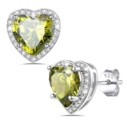 Bestyle Authentic 925 Sterling Silver 2 Carat Birthstone Earrings for Women, More Sparkle Heart/Round Solitaire Diamond Studs Earrings, Great Birthday/Christmas/Anniversary Jewelry for Wife Mother - color: 08. Aug.Peridot-Heart