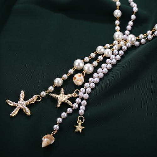 Simulated Pearl Strand Layered Necklace for Women, Multi Strand Long Necklace, Dainty Sweater Necklace for Party Costume Jewelry - style: Starfish