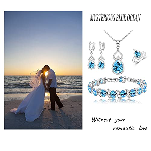 LMXXVJ Women Jewelry Set Platinum Plated Necklace Open Ring Earrings Bracelet Set,Birthday/Anniversary Mother’s Day Jewelry Gifts for Mom/Wife/Sister/Best Friend - color: Sky Blue