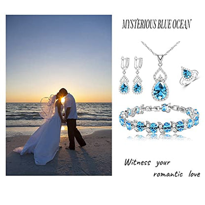 LMXXVJ Women Jewelry Set Platinum Plated Necklace Open Ring Earrings Bracelet Set,Birthday/Anniversary Mother’s Day Jewelry Gifts for Mom/Wife/Sister/Best Friend - color: Sky Blue