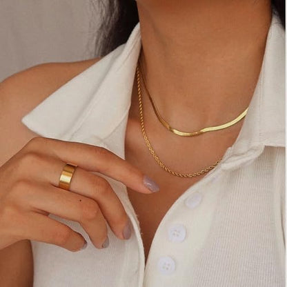 Freekiss Layered Necklace Set for Women Stackable | Herringbone Snake Cuban Rope Chain, Dainty Choker, Layered Stackable, Non Tarnish, Hypoallergenic, Adjustable 14-18.5" - color: Gold, style: Layer 3mm Snake+Rope Chain