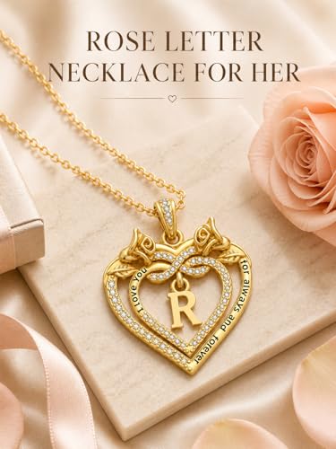 14K Gold Initial Letter Rose Heart Pendant Necklace for Women, Anniversary Birthday Jewelry Gifts for Wife Mom Grandma Sister Daughter, I Love You for Always And Forever - style: 14K Gold-R