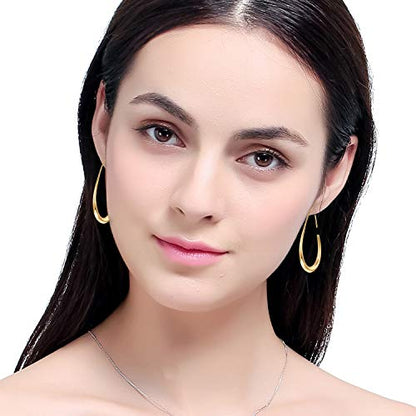 Lightweight Teardrop Hoop Earrings for Women - 14k Gold/White Gold Plated Large Oval Pull Through Hoop Earrings High Polished Statement Jewelry Gift for Women - color: gold 30*18