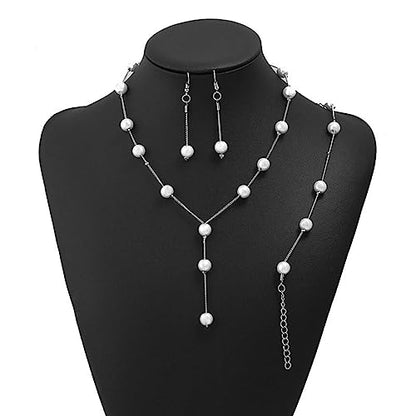 Bridal Necklace Earring and Bracelet Set Faux Pearl Jewelry Set for Women Wedding Bridal Jewelry (Silver)