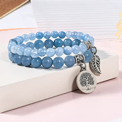 Bivei Natural Semi Precious Gemstone beads bracelet for women - Life Tree and Leaf Charm Energy Reiki Crystal Stretch Bracelets - color: Aquamarine Bracelets Set, size: Medium:6.8-7.24inch