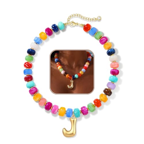 Colorful Chunky Beaded Necklaces for Women Bubble Letter Initial Choker | Boho Statement Bead Necklace, Personalized Rainbow Gemstone Necklaces, Baublebar Gold Necklace Stack, Summer Beach Jewelry - color: Initial J