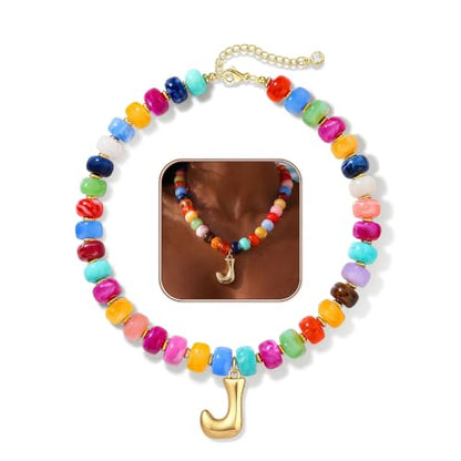 Colorful Chunky Beaded Necklaces for Women Bubble Letter Initial Choker | Boho Statement Bead Necklace, Personalized Rainbow Gemstone Necklaces, Baublebar Gold Necklace Stack, Summer Beach Jewelry - color: Initial J
