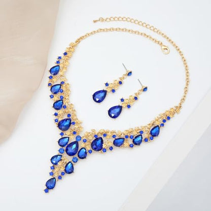 CSY Elegant Crystal Costume Jewelry Sets Flower Bridal Necklace Earrings Stretch Bangle Set for Bride Bridesmaid Wedding Dress Accessories - color: Sapphire blue-gold tone