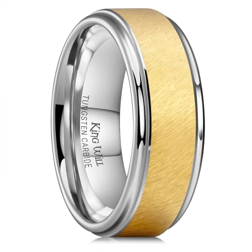 King Will Classic Tungsten Carbide Ring Brushed Two Grooved Center Hammered Design Mens Wedding Band for Men | Black/Silver/Gold, 8mm, Men's Wedding Band, Grooved, Comfort Fit, Everyday Wear - color: C-Gold&Sliver 8mm