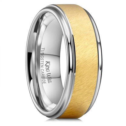 King Will Classic Tungsten Carbide Ring Brushed Two Grooved Center Hammered Design Mens Wedding Band for Men | Black/Silver/Gold, 8mm, Men's Wedding Band, Grooved, Comfort Fit, Everyday Wear - color: C-Gold&Sliver 8mm