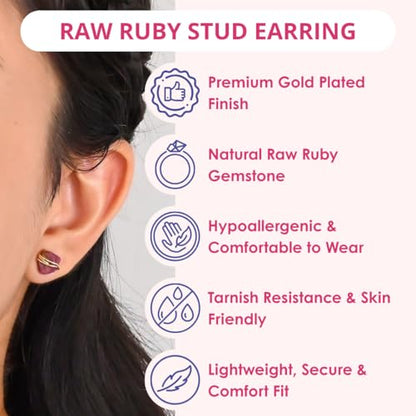 Gempires Wire Wrapped Raw Gemstone Stud Earrings for Women, Birthstone | Handmade wire-wrapped raw gemstone stud earrings — choose from stones and birthstones, artisan raw crystals on gold. - style: Ruby