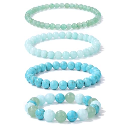 Vinswet 4pcs Beaded Bracelets for Women,Natural Healing Crystal Gemstones Bracelet,Anxiety Stress Relief Bracelet Handmade purple Jewelry Gifts for Women - color: Green Aventurine&Amazonite&Green Turquoise