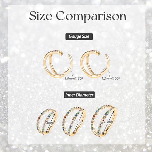 GAGABODY Conch Piercing Double Open Stack with CZ 16 Gauge Hoop Earrings 18g Septum Jewelry 20g Septum Ring Daith Earrings 316L Surgical Steel Lip Rings Helix Rook Cartilage Earrings Hoop - color: Style13:Gold+Double Hoop Rainbow CZ