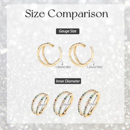 GAGABODY Conch Piercing Double Open Stack with CZ 16 Gauge Hoop Earrings 18g Septum Jewelry 20g Septum Ring Daith Earrings 316L Surgical Steel Lip Rings Helix Rook Cartilage Earrings Hoop - color: Style13:Gold+Double Hoop Rainbow CZ