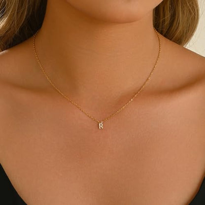 Small Letter Necklace for Women 18K Gold Plated Cubic Zirconia Tiny Initial Necklace Dainty Personalized Name Necklaces - color: R-Gold