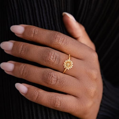 14K Gold Plated Jewelry Set for Women - Birth Flower Daisy Stackable Ring & Cubic Zirconia Hypoallergenic Trendy Jewelry - Ring Size 8
