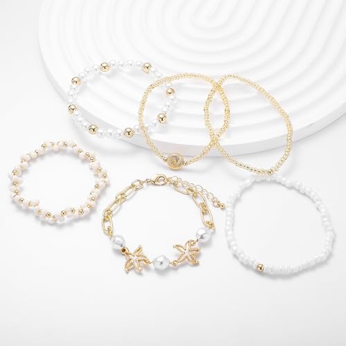 Summer Surfer Heishi Bracelet Set for Women Stackable Gold Plated Clay Ploymer Bead Stretch Pink Beach Layering Bracelets Jewelry - color: A-Starfish bracelet 6pcs