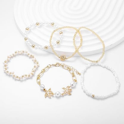 Summer Surfer Heishi Bracelet Set for Women Stackable Gold Plated Clay Ploymer Bead Stretch Pink Beach Layering Bracelets Jewelry - color: A-Starfish bracelet 6pcs