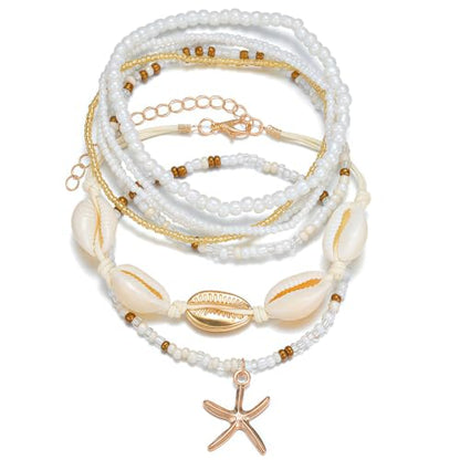 Qceasiy Shell Ankle Bracelets for Women, Boho Beaded Beach Anklet Set | Seashell, Heart, Starfish and Conch Styles, Gold-Tone, Stretch or Adjustable Fit, Layered Beach Vacation Jewelry Gifts - color: White 1