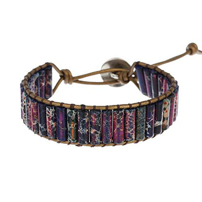 Plumiss Women Boho Handmade Natural Stone Crystal Leather Bead Wrap Bracelets Collection - style: Purple Jasper 1W