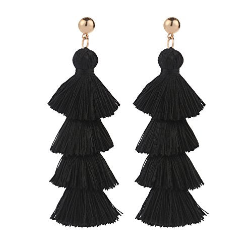 BaubleStar Bohemian Layered Tassel Drop Earrings for Women | Lightweight Statement Party Festival Jewelry - color: Black