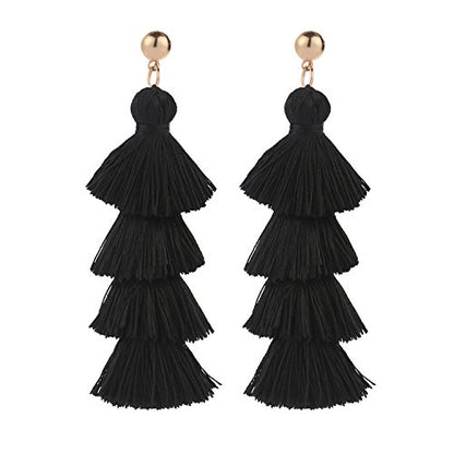 BaubleStar Bohemian Layered Tassel Drop Earrings for Women | Lightweight Statement Party Festival Jewelry - color: Black