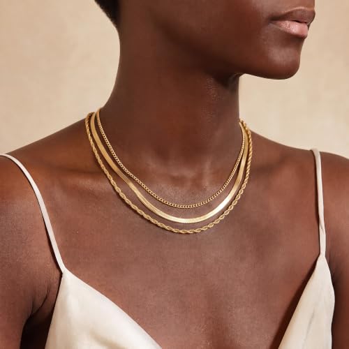 Layered Necklaces for Women, 3 Chain Choker Set, 14k Gold/Silver Plated | 3 Detachable Strands, 7+ Ways to Wear, Tangle Free Design, Herringbone Rope Curb Textures, Tarnish Resistant - color: Gold