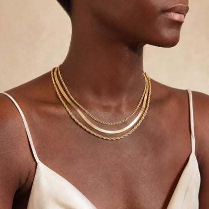 Layered Necklaces for Women, 3 Chain Choker Set, 14k Gold/Silver Plated | 3 Detachable Strands, 7+ Ways to Wear, Tangle Free Design, Herringbone Rope Curb Textures, Tarnish Resistant - color: Gold