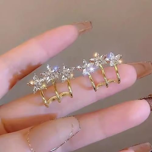 Gold Flower CZ Crawler Earrings for Women, 3-Petal Crystal Stud Climber Earrings, Elegant Geometric Line Ear Jewelry