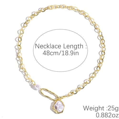 Chunky Pearl Necklaces for Women Chunky Baroque Pearl Beaded Gold Chain Link Pearls Pendant Necklace White Pearls Necklace Valentine's Day Jewelry Gifts Party Prom Birthday Outfits Accessorie - style: Gold Chain,Two Pearls