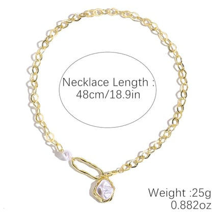 Chunky Pearl Necklaces for Women Chunky Baroque Pearl Beaded Gold Chain Link Pearls Pendant Necklace White Pearls Necklace Valentine's Day Jewelry Gifts Party Prom Birthday Outfits Accessorie - style: Gold Chain,Two Pearls