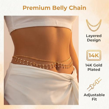 Layered Belly Waist Chain for Women - color: Gold CZ Belly Waist Chain