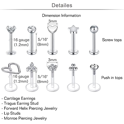 20g 16g Tragus Piercing Jewelry Helix Earrings Threadless Flat Back Earrings for Women Forward Helix Cartilage Earring Tragus Jewelry Medusa Labret Lip Piercing Jewelry Lip Studs 16 Gauge 8mm - color: A1-plastic + steel -16g 8mm