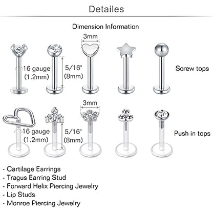 20g 16g Tragus Piercing Jewelry Helix Earrings Threadless Flat Back Earrings for Women Forward Helix Cartilage Earring Tragus Jewelry Medusa Labret Lip Piercing Jewelry Lip Studs 16 Gauge 8mm - color: A1-plastic + steel -16g 8mm