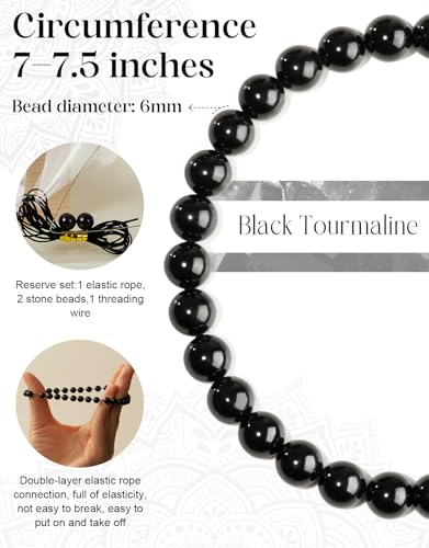 Natural Stone Beaded Bracelets for Men Women, 4mm 6mm 8mm | Healing Crystal, Protection Gemstone, Gift Packaging with Energy Card, Stretch Jewelry, Replacement Beads Included, 18 Stone - color: Black Tourmaline(Protection & Balance), size: 6mm