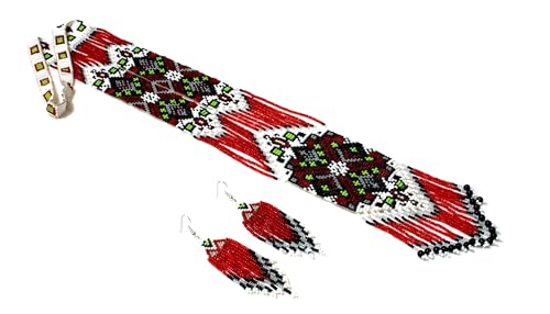 Long Beaded Necklace – Boho Native Handmade Seed Bead Tassel Necklace, Bohemian Large Statement Beaded Necklace for Women - color: Black-Red White