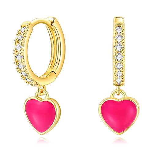 DAILY VIBES Cute Gold Mini Dangle Huggie Hoop Earrings for Women Trendy | 14K Gold Plated, Dainty Cubic Zirconia, Small Hoop Earrings with Charm Drop, Jewelry Gift for Women Ladies - color: Pink Heart CZ