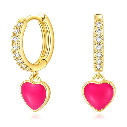 DAILY VIBES Cute Gold Mini Dangle Huggie Hoop Earrings for Women Trendy | 14K Gold Plated, Dainty Cubic Zirconia, Small Hoop Earrings with Charm Drop, Jewelry Gift for Women Ladies - color: Pink Heart CZ