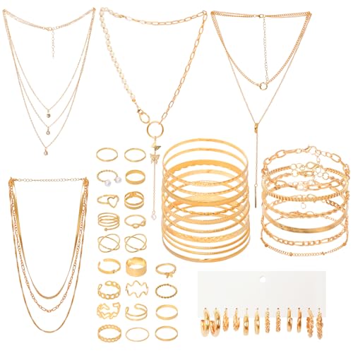 48pcs Gold Jewelry Set for Women Multi Layered Necklace Knuckle Rings Stackable Bracelets Dainty Earrings Anniversary Birthday Valentine Gift Pack for Women