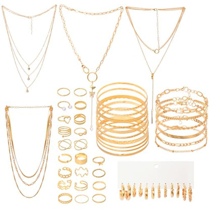 48pcs Gold Jewelry Set for Women Multi Layered Necklace Knuckle Rings Stackable Bracelets Dainty Earrings Anniversary Birthday Valentine Gift Pack for Women