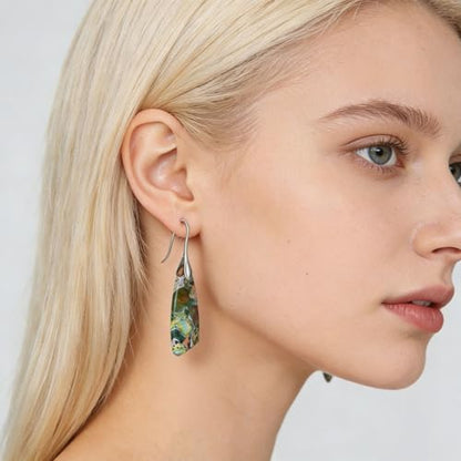 Boho Natural Imperial Jasper Teardrop Dangle Earrings for Women – Hypoallergenic French Hook Stone Drop Earrings Jewelry - color: Green Silvery Hook