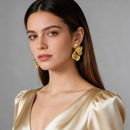 Chunky Flower Clip on Earrings for Women 14K Gold Plated No Piercing Floral Stud Earring Lightweight Jewelry Gifts - color: Flower-C-gold